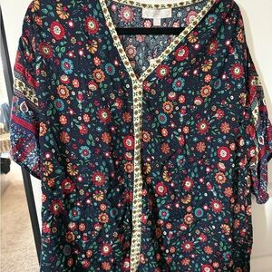 Suzanne Betro Red and Green Flutter Sleeve Blouse